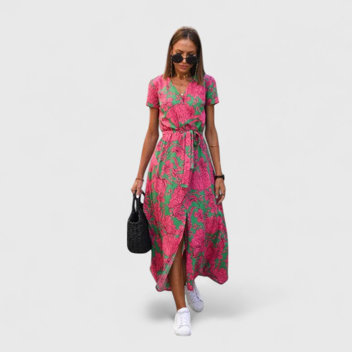 Floral Print Short Sleeve Belted Maxi Dress 6