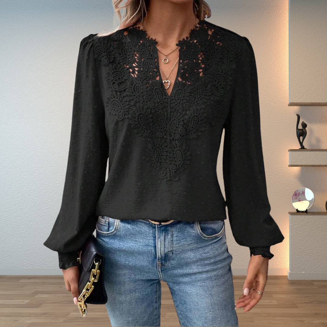 Lace Applique V-Neck Long Sleeve Swiss Dot Blouse 5