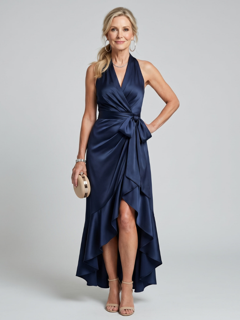 Satin Halter Neck Wrap Ruffle High Low Maxi Dress 6