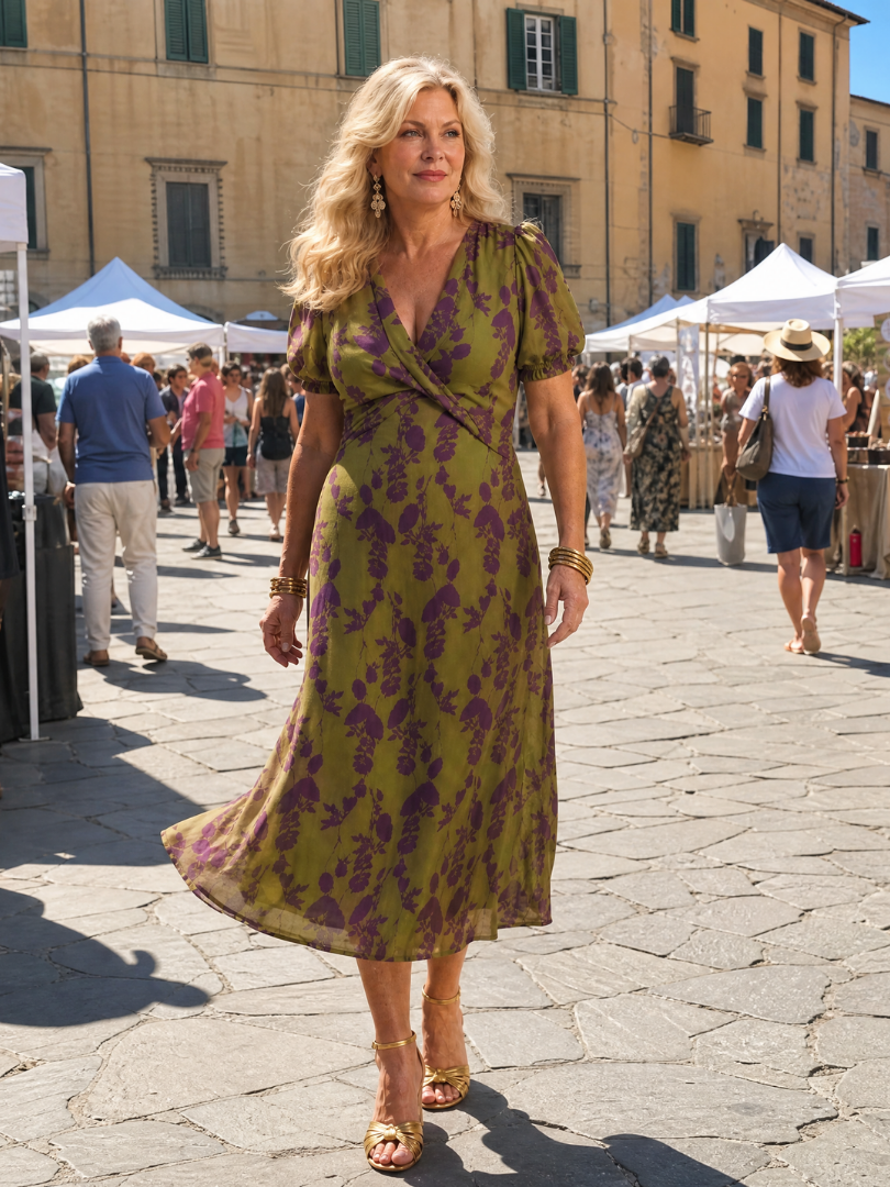 Floral V-Neck Puff Sleeve Wrap Midi Dress 8