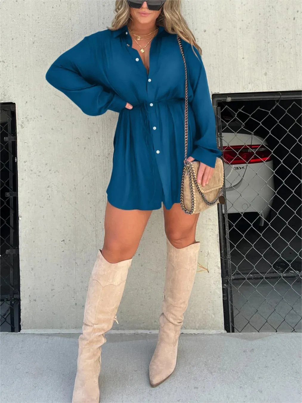 Satin Collared Button Front Long Sleeve Tie Waist Shirt Mini Dress - View 6