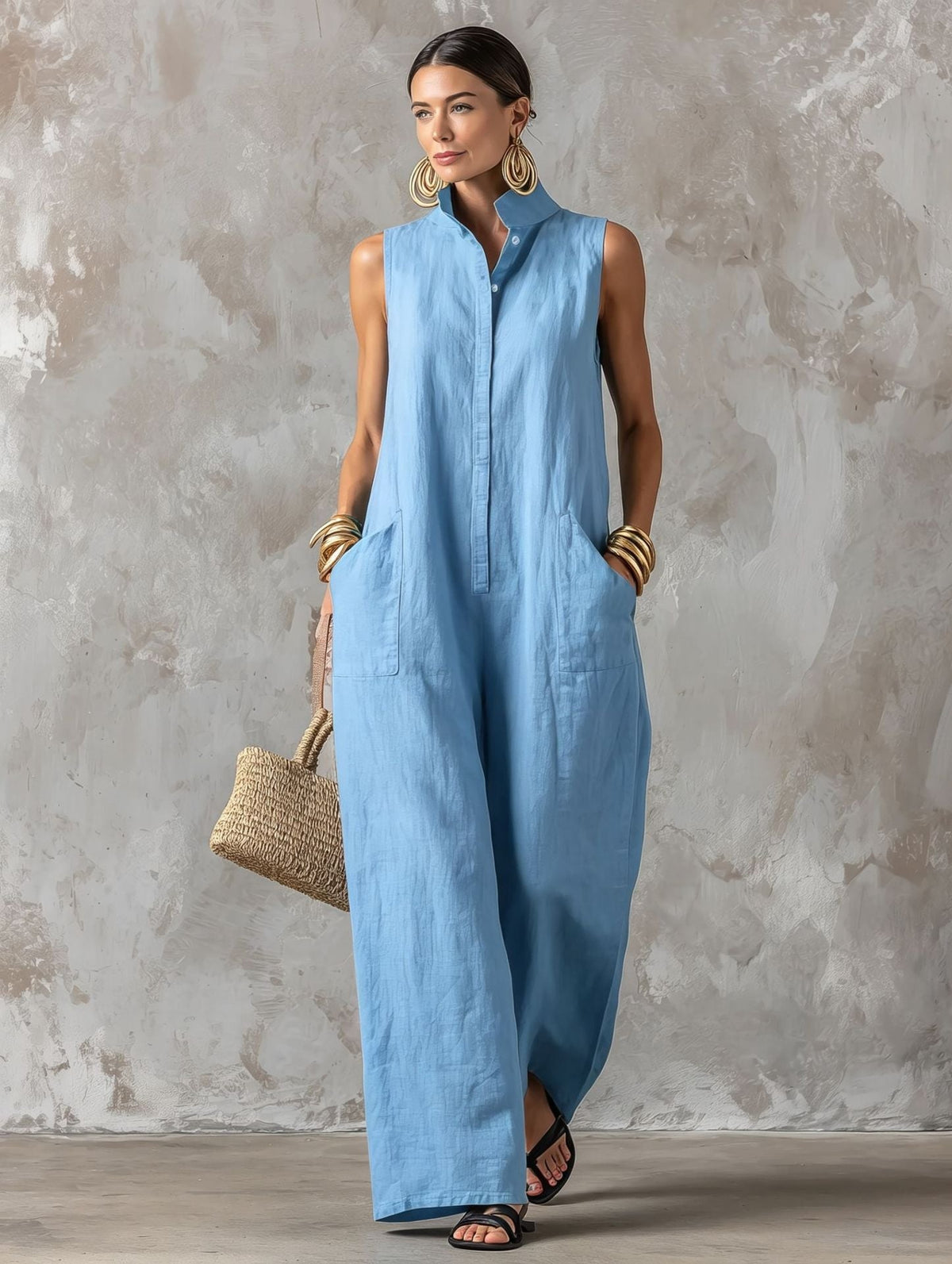 Sleeveless Stand Collar Button Front Wide Leg Jumpsuit with Pockets 8