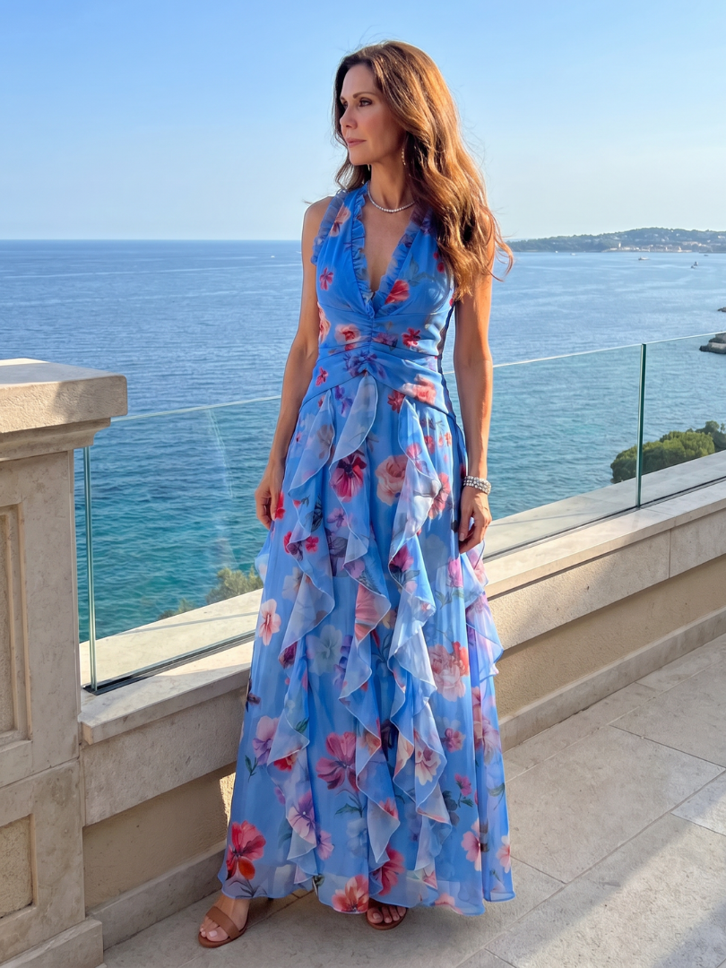 Halter Neck Deep V-Neck Ruffle Floral Maxi Dress 8