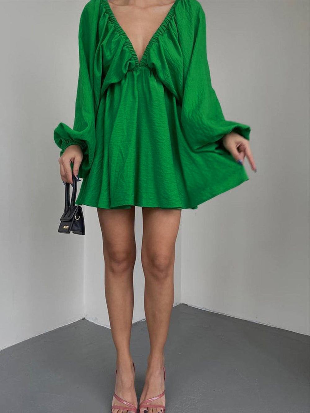 Deep V-Neck Balloon Sleeve Ruched Babydoll Mini Dress 8