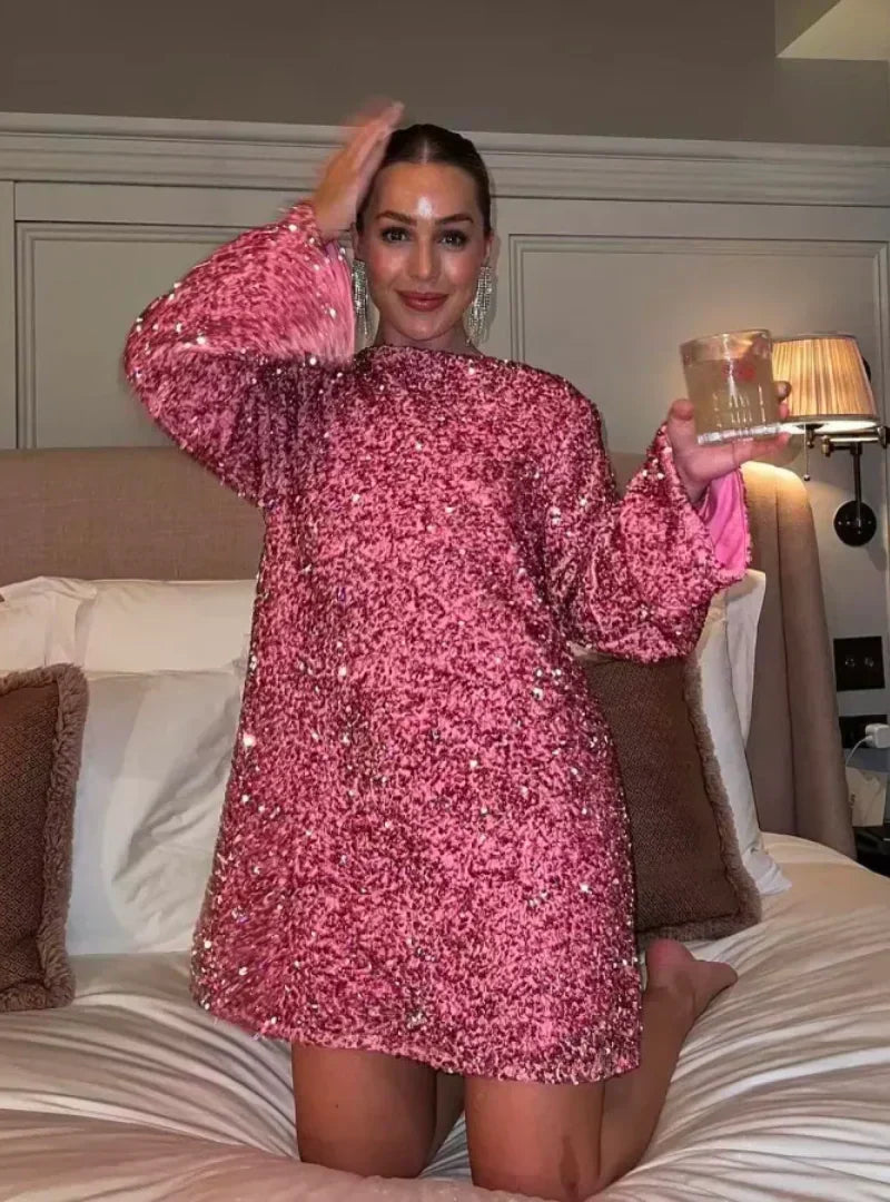 Sequin Boat Neck Long Sleeve Bell Cuff A-Line Mini Cocktail Dress - View 3