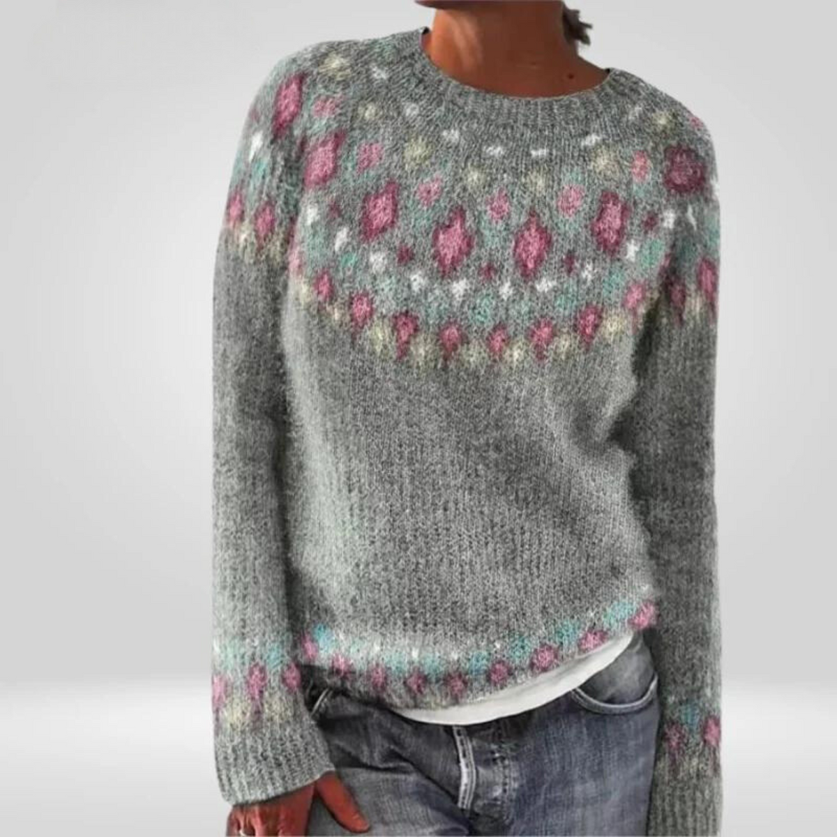 Crew Neck Fair Isle Yoke Knit Sweater 2
