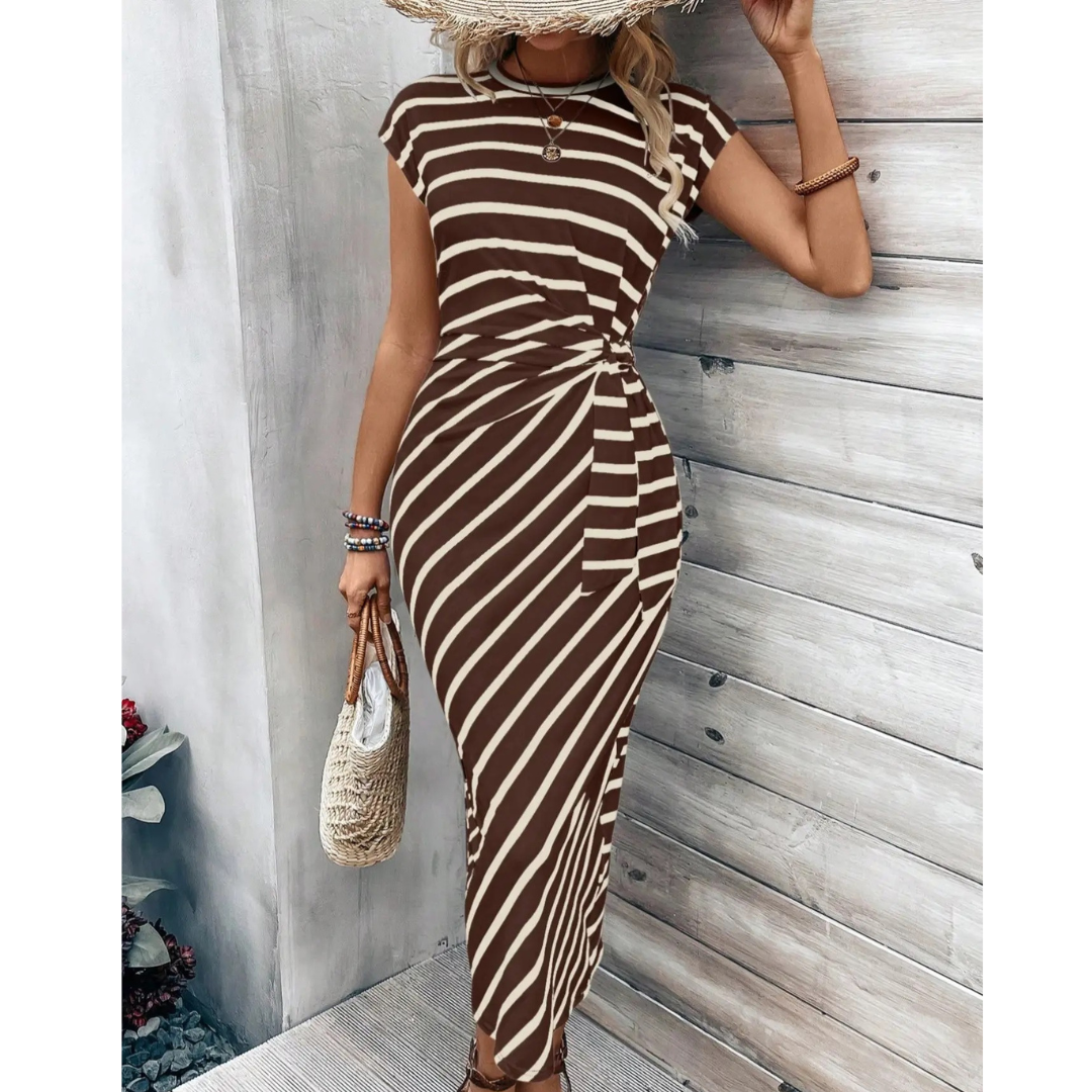 Striped Cap Sleeve Twist Front Bodycon Midi Dress 8