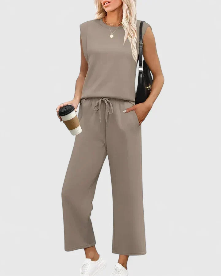 Sleeveless Round Neck Top and Drawstring Wide Leg Pants Two Piece Set 6