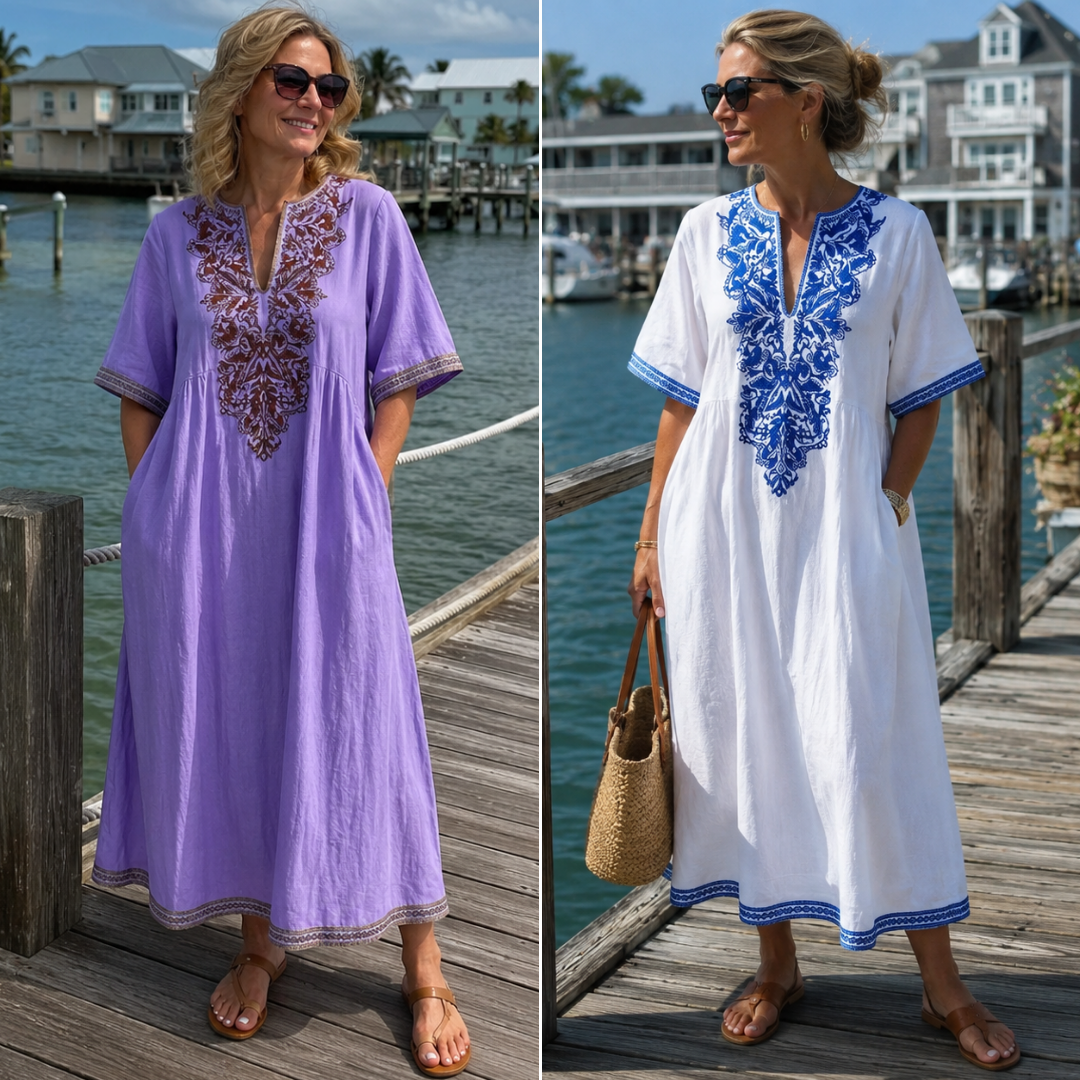Floral Embroidery Notch Neck Short Sleeve Linen Look Kaftan Maxi Dress 7