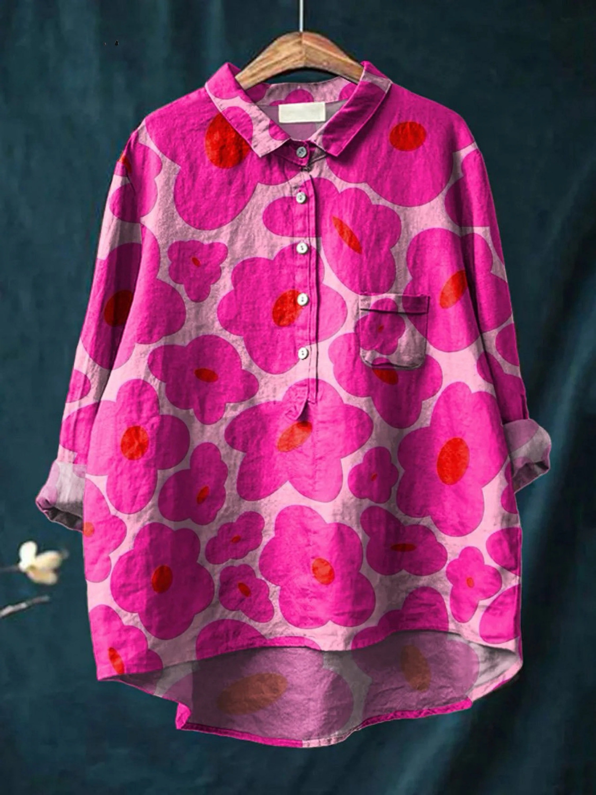 Floral Print Button Front Collared Linen Shirt