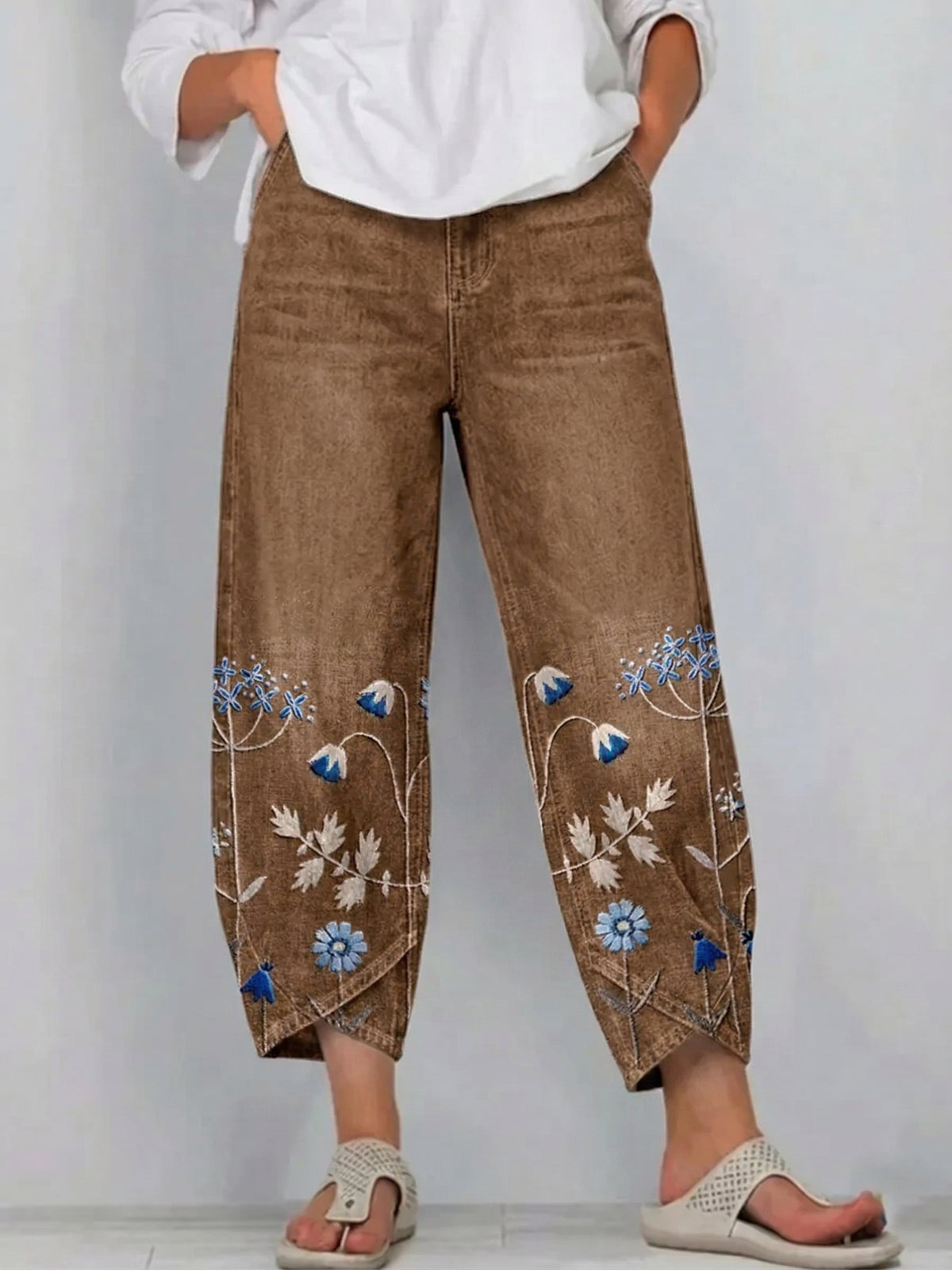 Floral Embroidered Wide Leg Cropped Denim Trousers 7