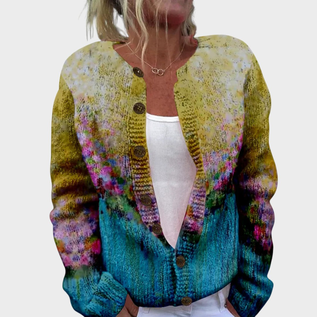 Watercolor Floral Print Button Front Knit Cardigan