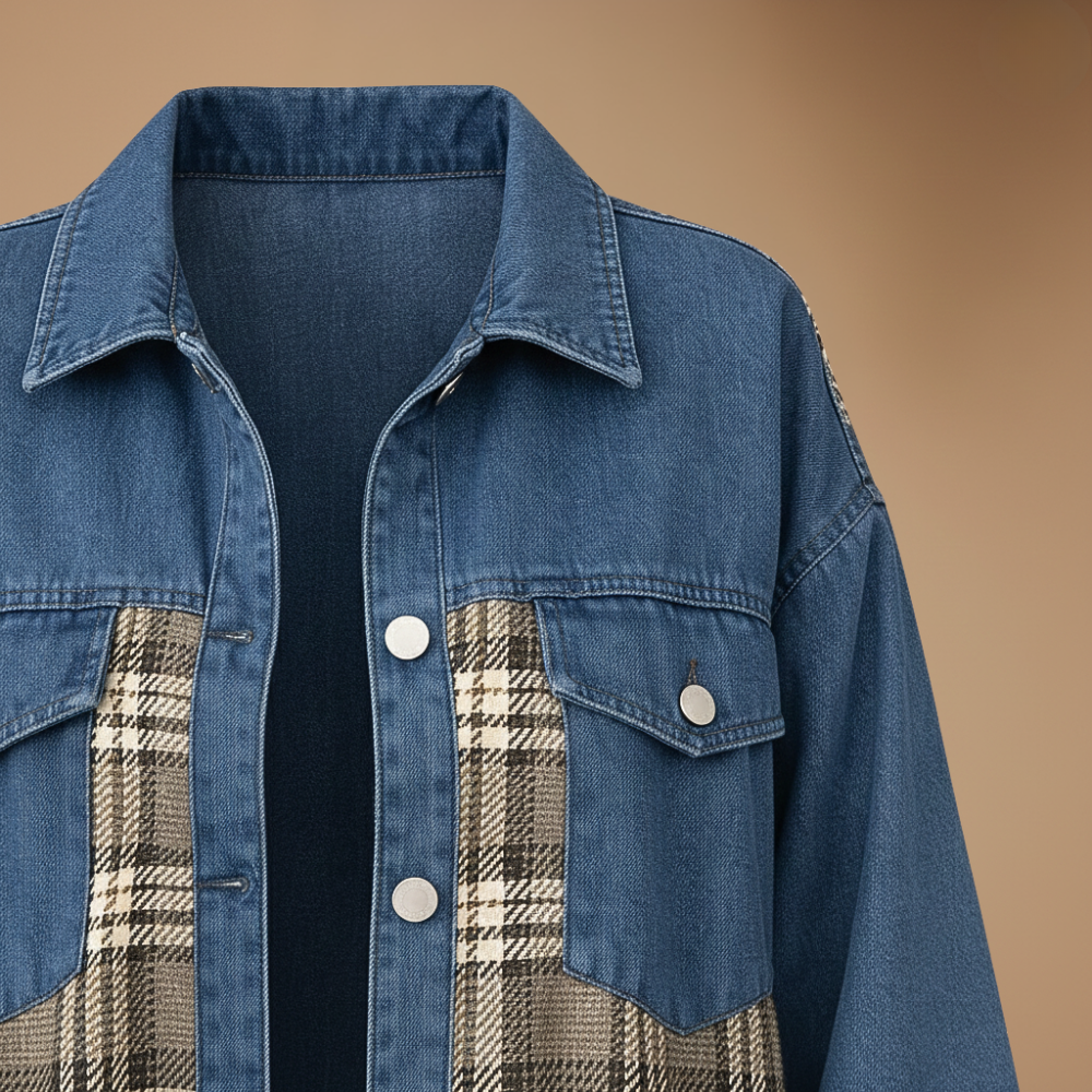 Plaid Patchwork Denim Button Front Shacket 5
