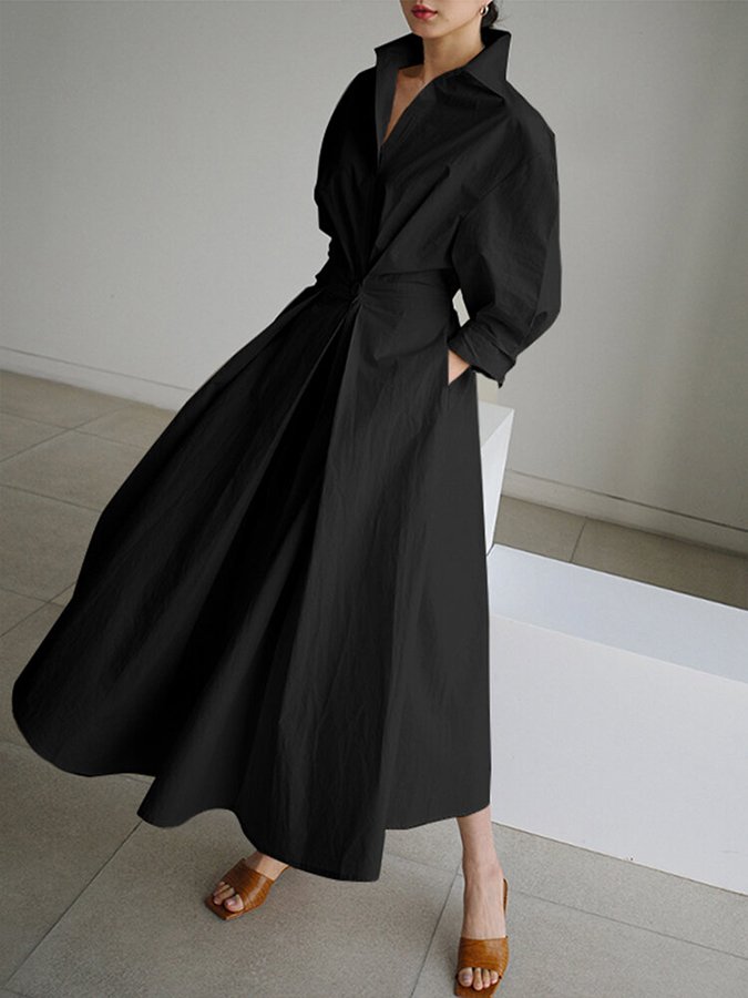 Collared Long Sleeve Pleated Waist A-Line Maxi Shirt Dress 5