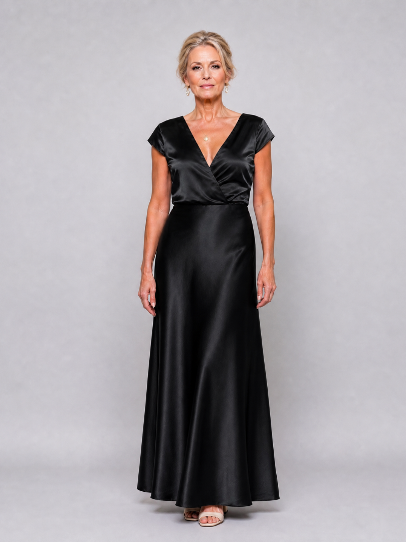 Surplice V-Neck Cap Sleeve Satin Maxi Gown 12