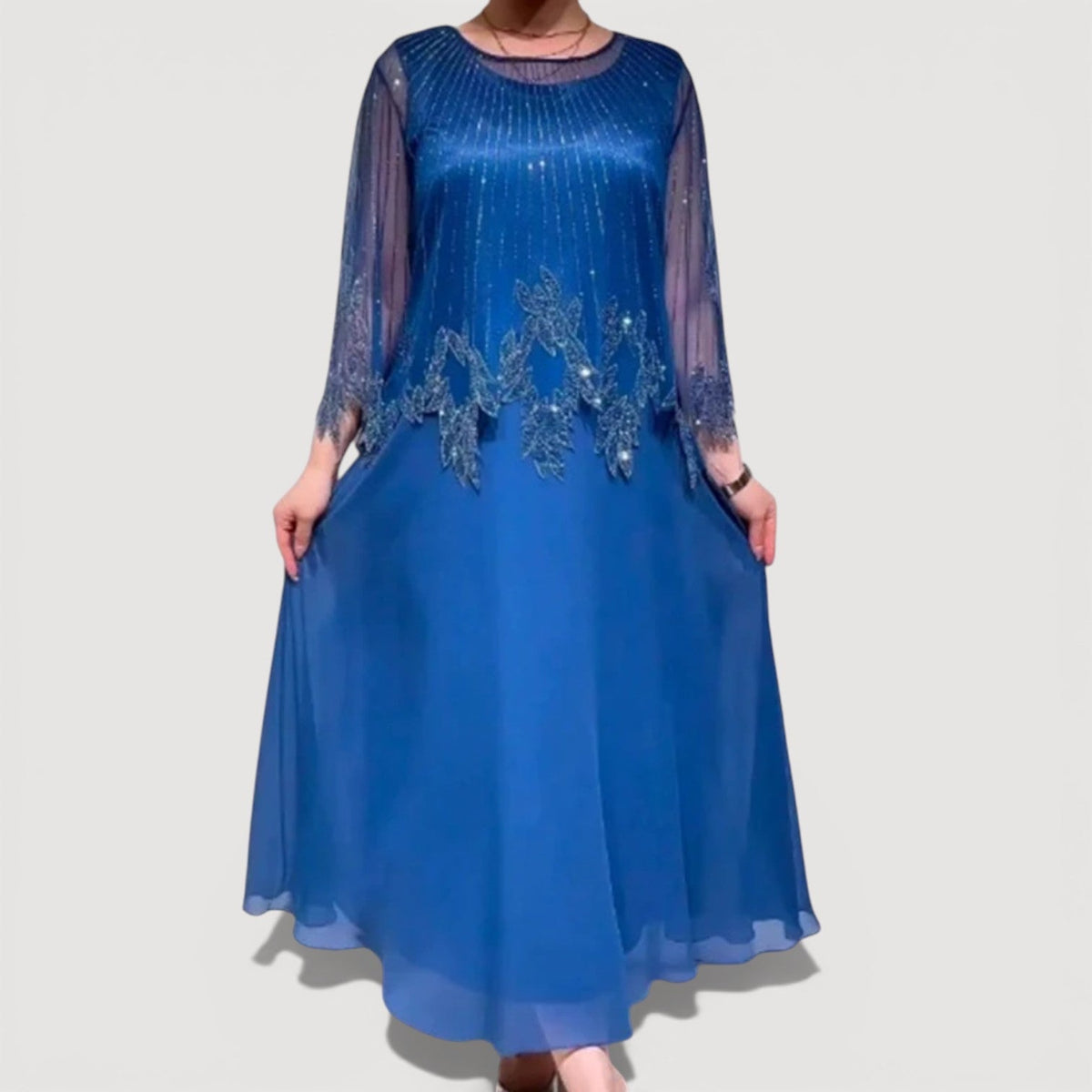 Beaded Illusion Neck Sheer Sleeve Floral Overlay Maxi Gown 7