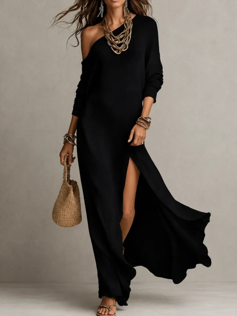 One Shoulder Long Sleeve Ribbed Knit High Split Maxi Dress 7