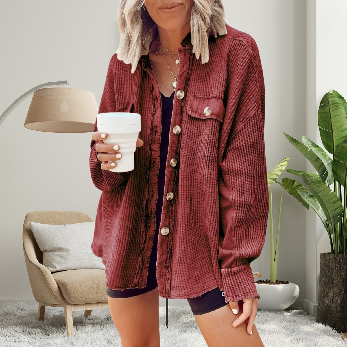 Waffle Knit Drop Shoulder Button Down Shacket 7