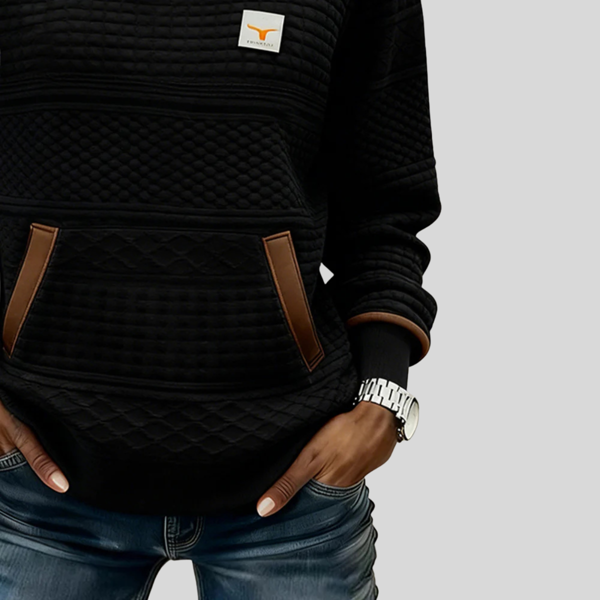 Quilted Crew Neck Kangaroo Pocket Sweatshirt 8