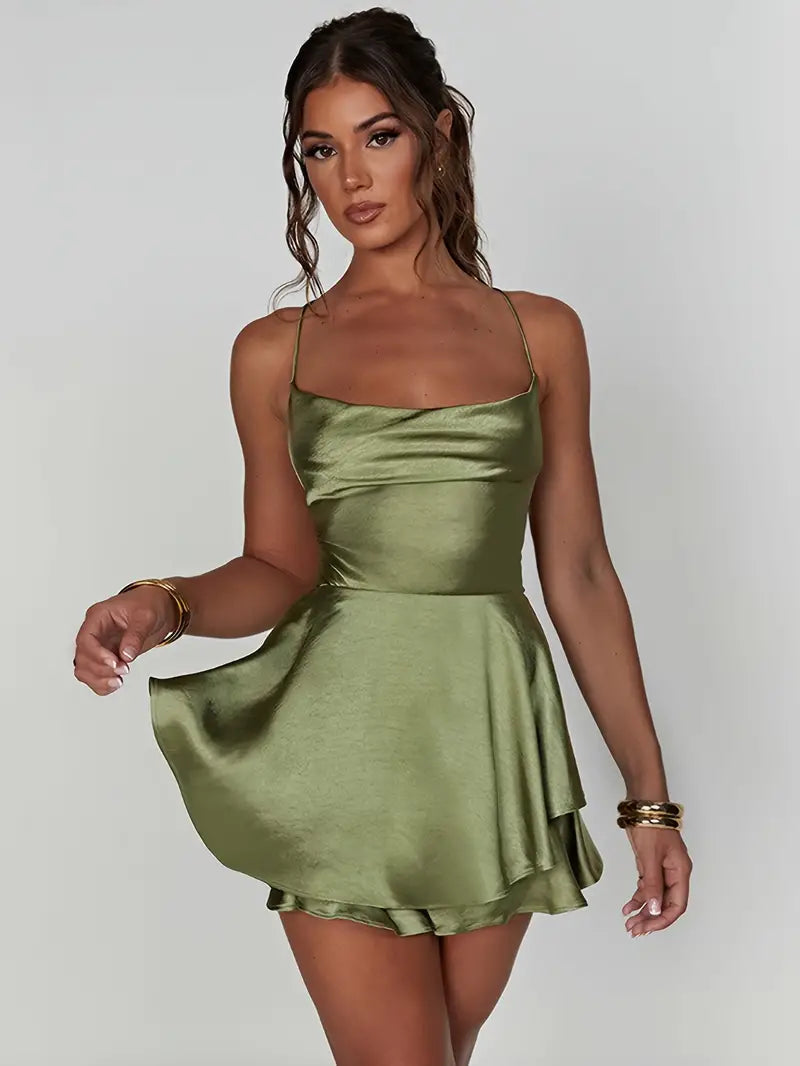 Satin Spaghetti Strap Tiered Ruffle Fit and Flare Mini Cocktail Dress - View 12