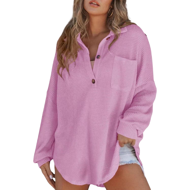 Collared Button Front Waffle Knit Long Sleeve Pocket Top 8