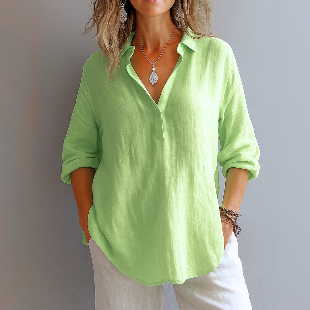 Collared Half Button Long Sleeve Linen Blouse 3