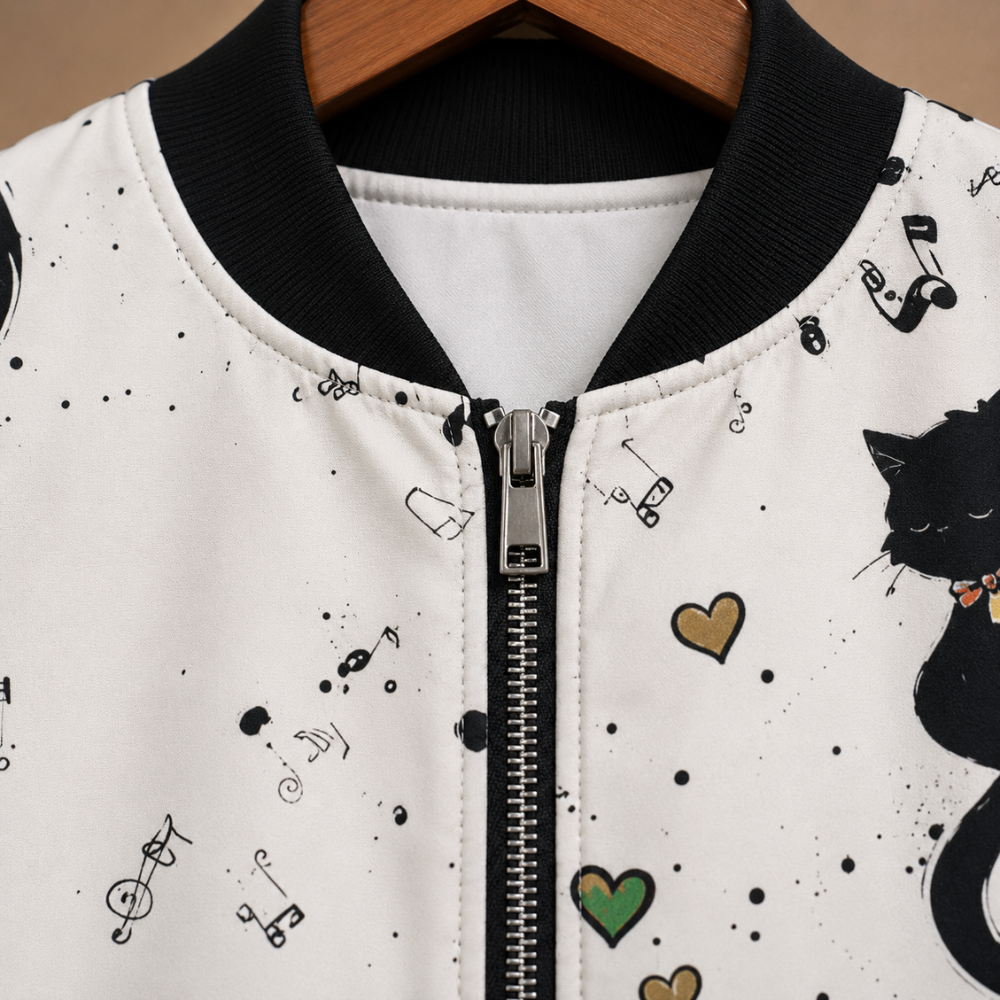 Cat and Music Print Zip Front Bomber Jacket 4