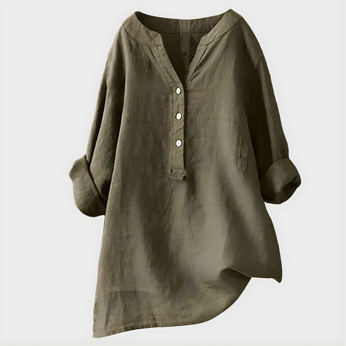 Band Collar Half Button Roll Sleeve Linen Blouse 9