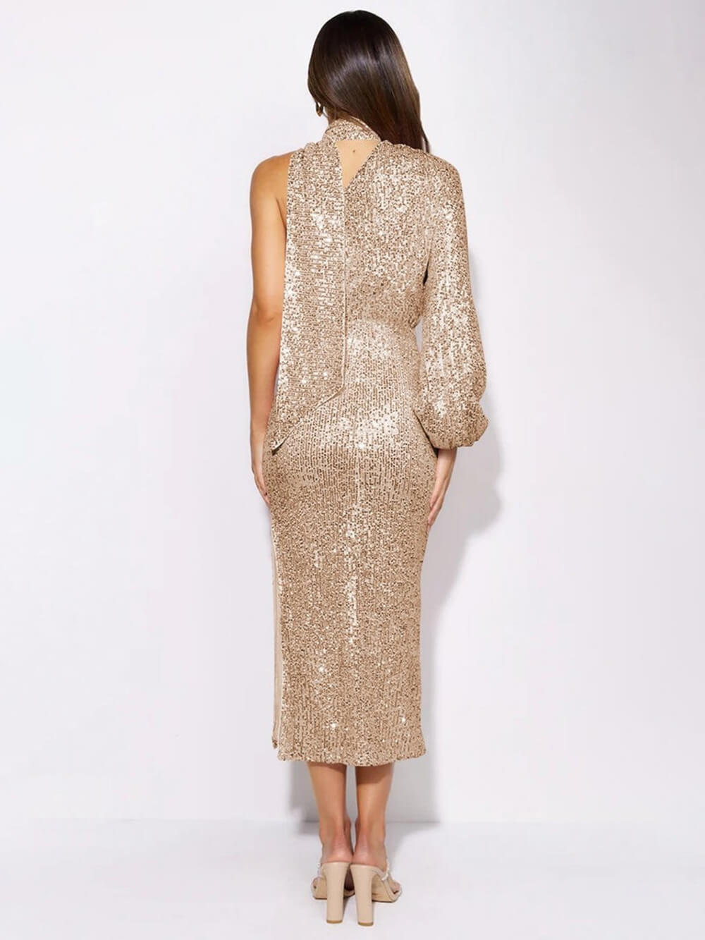Sequin High Neck One Sleeve Slit Midi Dress - View 8