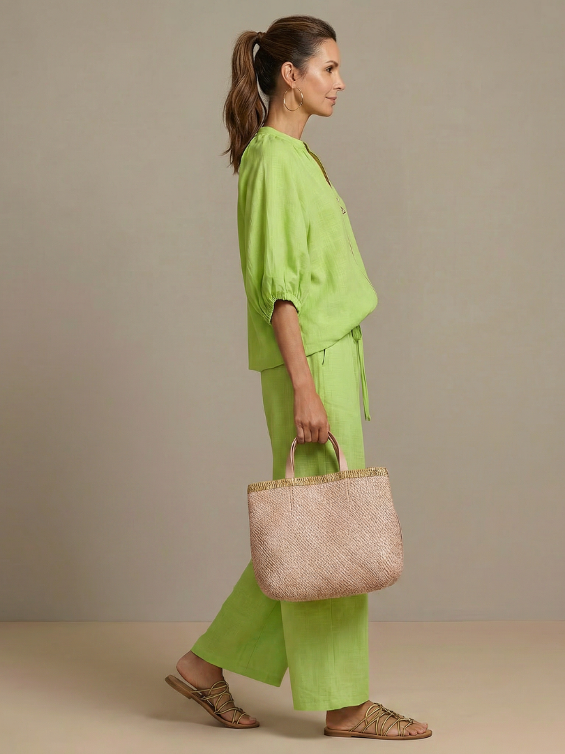 Puff Sleeve Zip Front Top and Wide Leg Pants Two Piece Set 6