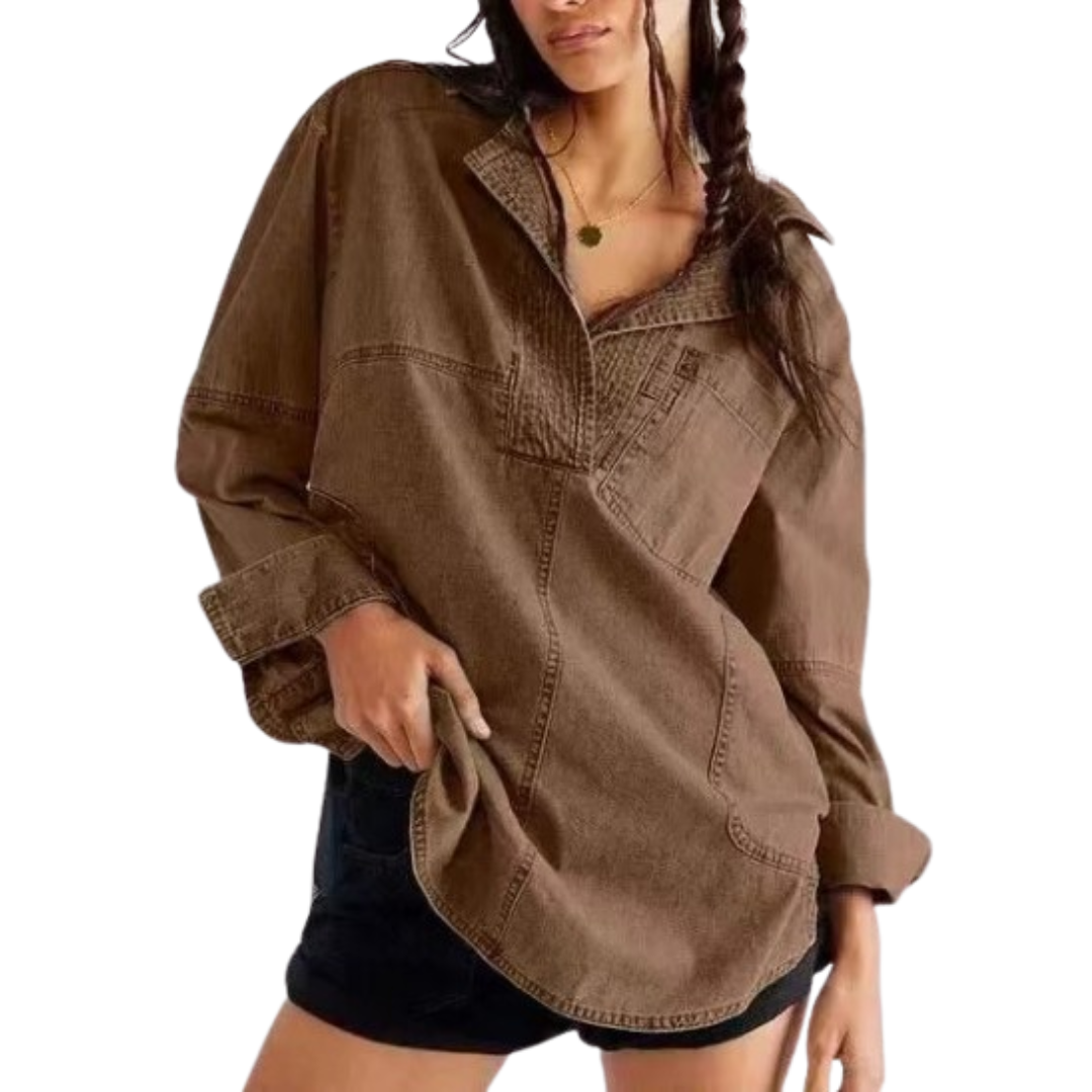Collared Button Front Long Sleeve Oversized Denim Shirt 8