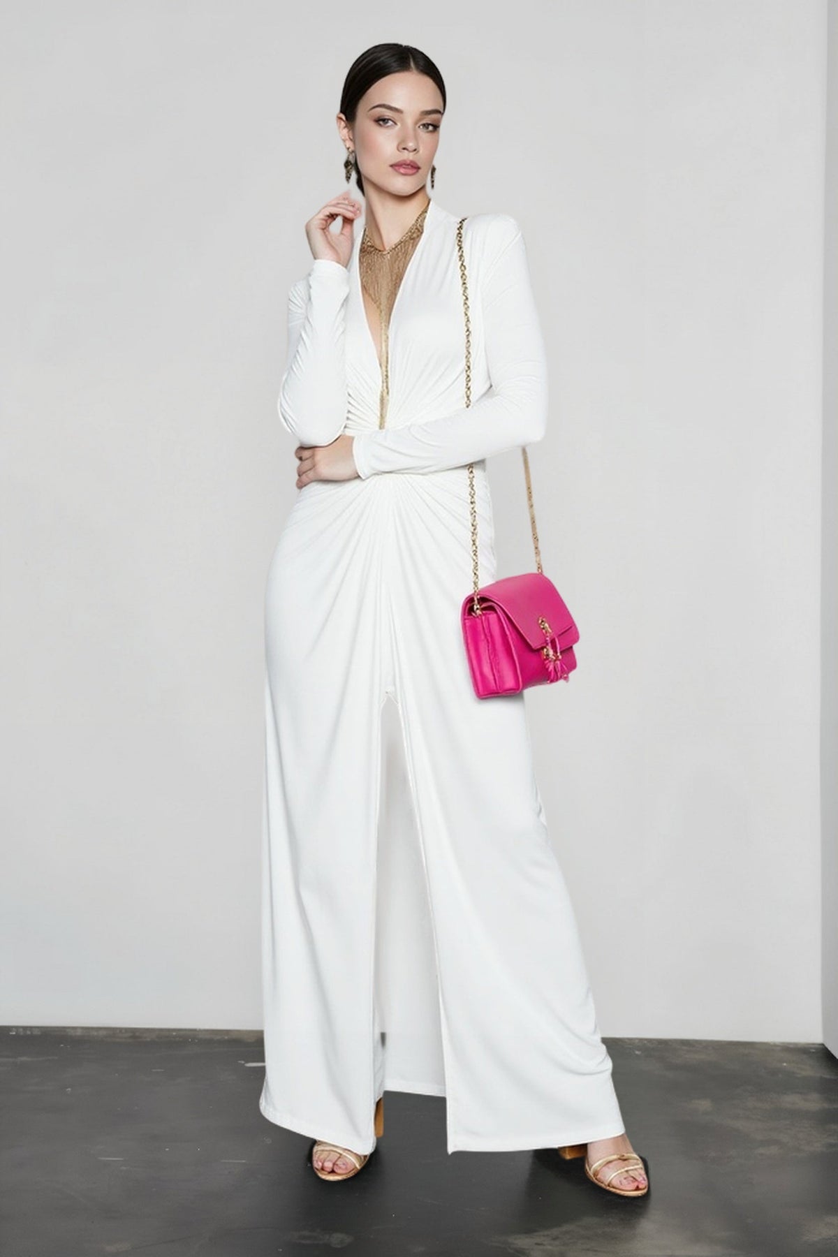 Deep V-Neck Long Sleeve Twist Front High Split Maxi Gown 3