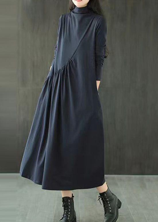 Mock Neck Long Sleeve Diagonal Seam Pleated Pocket A-Line Maxi Dress - View 4