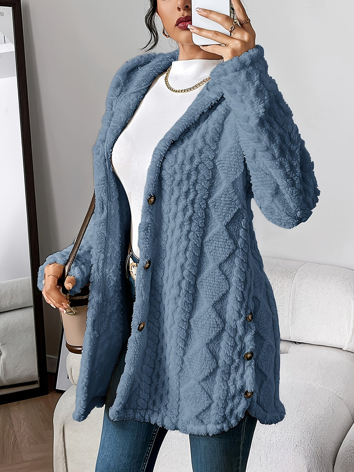 Textured Fleece Hooded Button Front Cardigan Coat 2