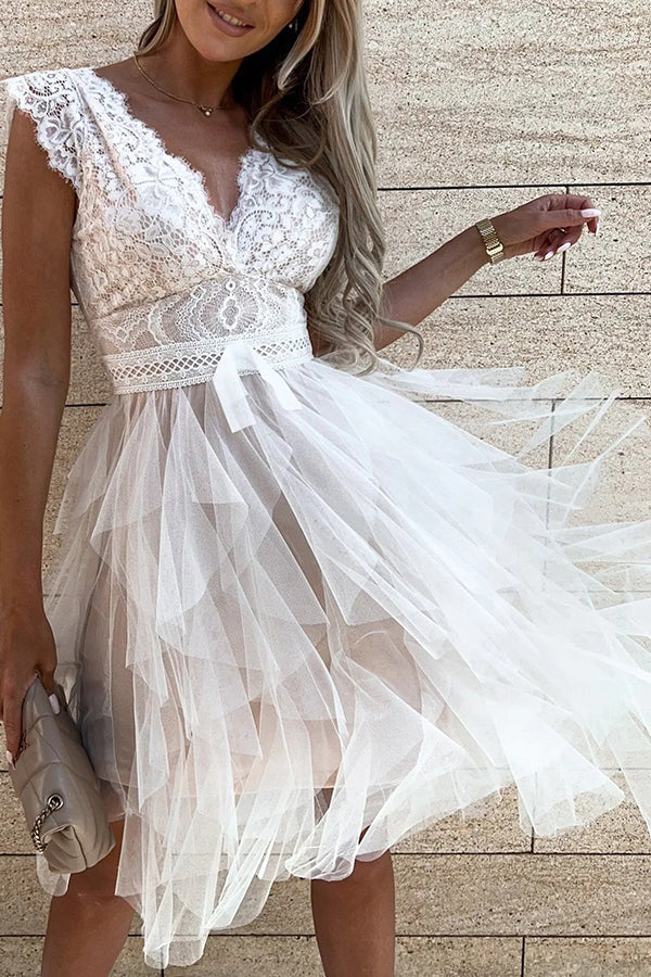 Lace V-Neck Tiered Tulle Fit and Flare Mini Dress - View 3