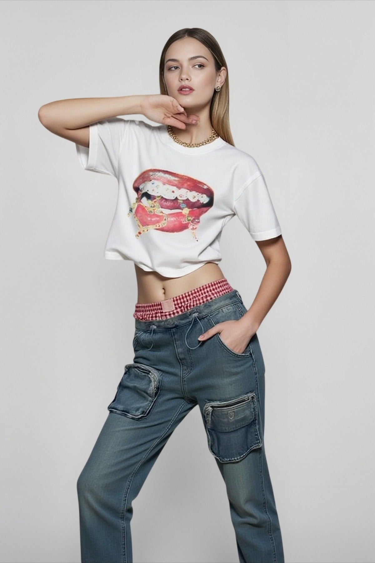 Lips Print Colorblock Top