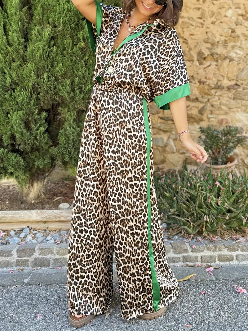 Leopard Print Contrast Trim Shirt and Wide Leg Pants Two Piece Set 4