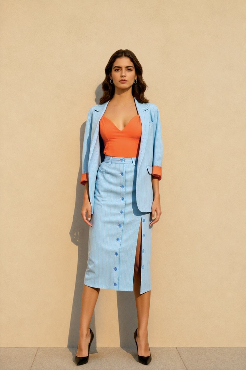 Striped Lapel Long Sleeve Blazer Split Bodycon Two-Piece