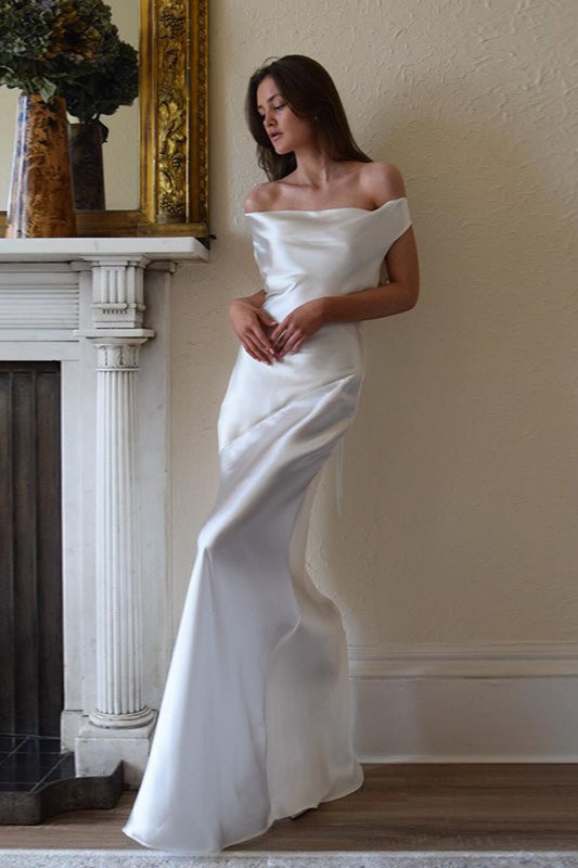 Satin Off Shoulder Cowl Draped Slim Fit Maxi Dress - View 2
