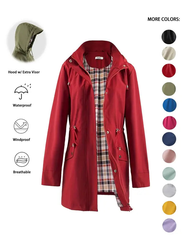 Hooded Drawstring Waist Waterproof Rain Trench Coat 5