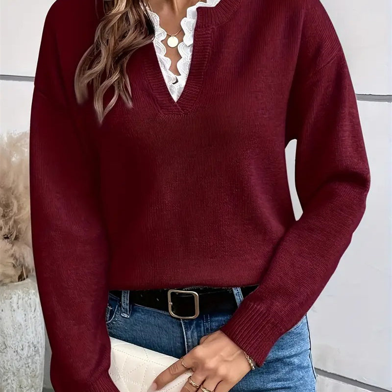Lace Trim V-Neck Long Sleeve Knit Sweater 2