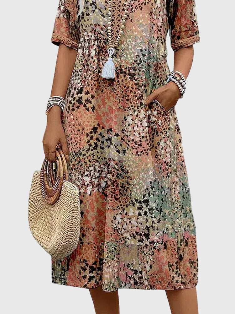 Abstract Print V-Neck Short Sleeve Midi Dress 8