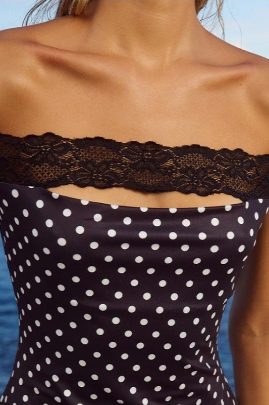 Off Shoulder Polka Dot Lace Trim Bodycon Mini Dress - View 3