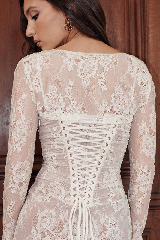 Floral Lace Square Neck Long Sleeve Mermaid Maxi Dress - View 6