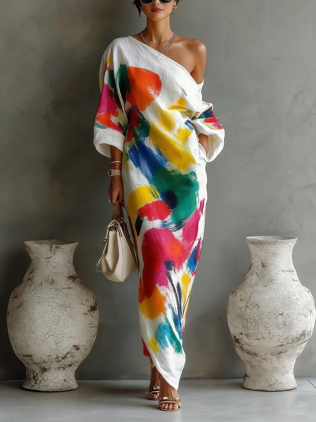 Abstract Paint Print One Shoulder Dolman Sleeve Maxi Dress