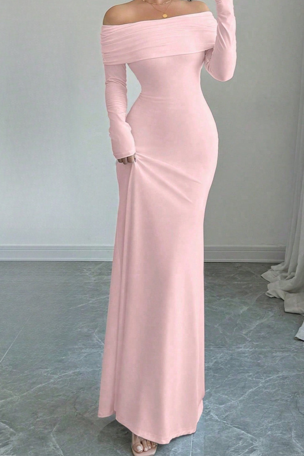 Off Shoulder Long Sleeve Ruched Mermaid Maxi Dress - View 9