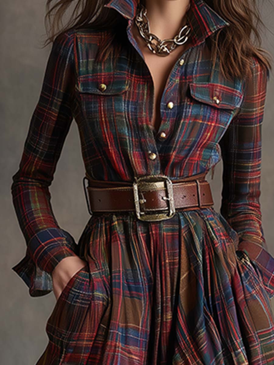 Collared Long Sleeve Belted Plaid Shirt Maxi Dress 8