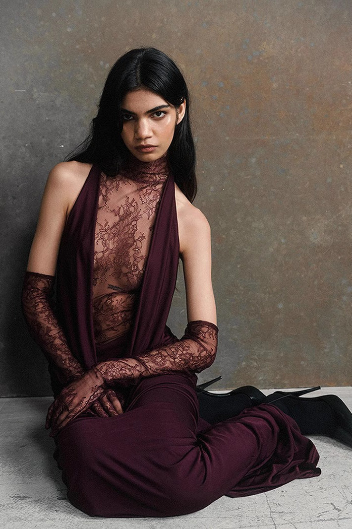 Halter Neck Sheer Lace Panel Backless Bodycon Maxi Dress