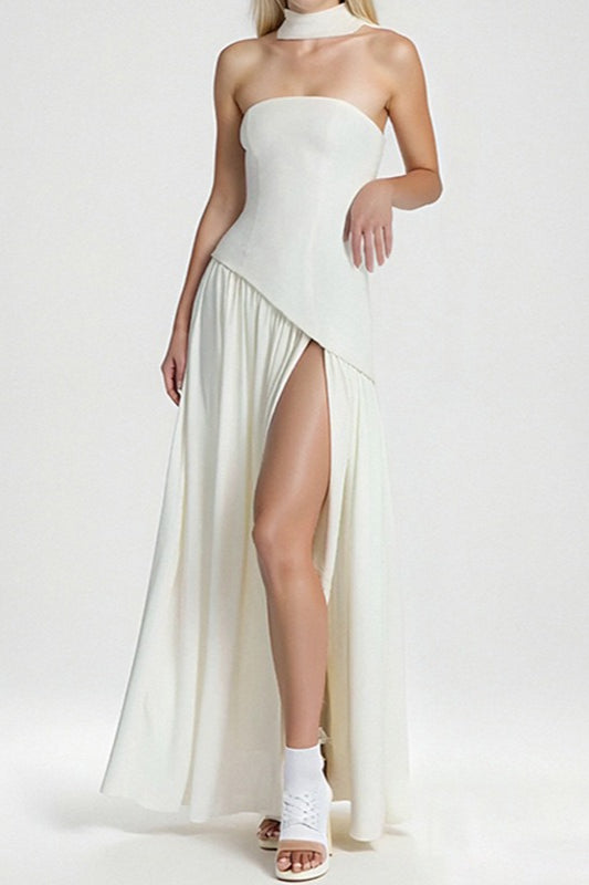 Strapless Asymmetric Wrap High Split Maxi Dress