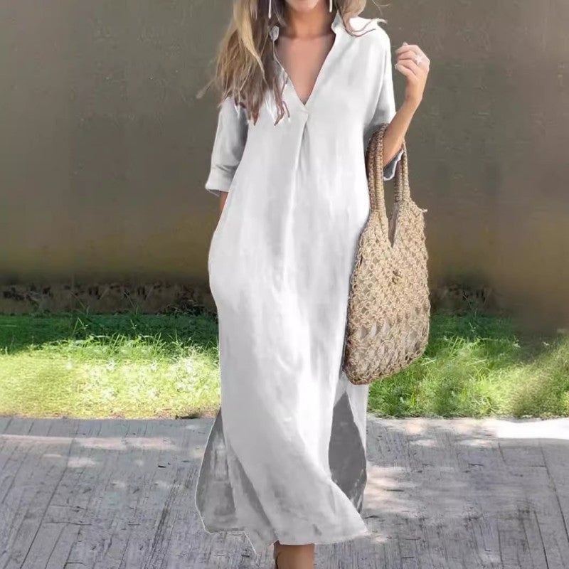 Collared V-Neck Short Sleeve Side Split Maxi Dress 5